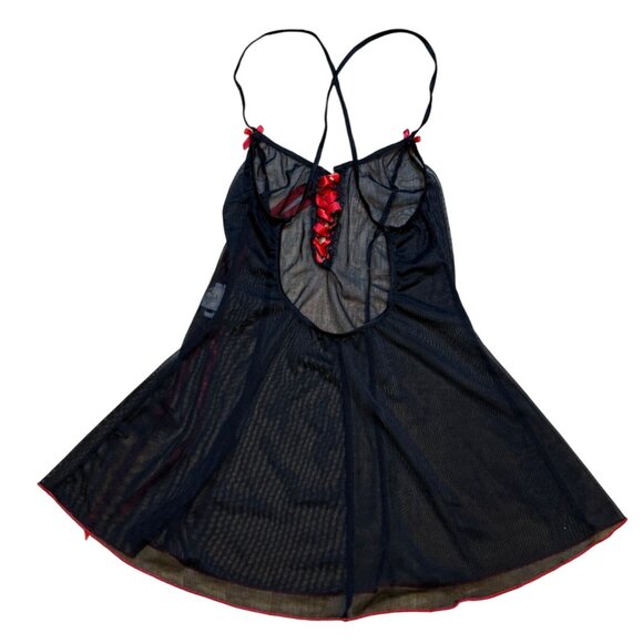 90s Black Sheer Mesh Lingerie Babydoll Red Ribbon Accent M/L - Picture 2 of 6